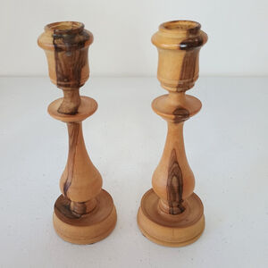 Hand Turned Olive Wood Shabbat Candlesticks Candle Holders Swirl Pattern 6"